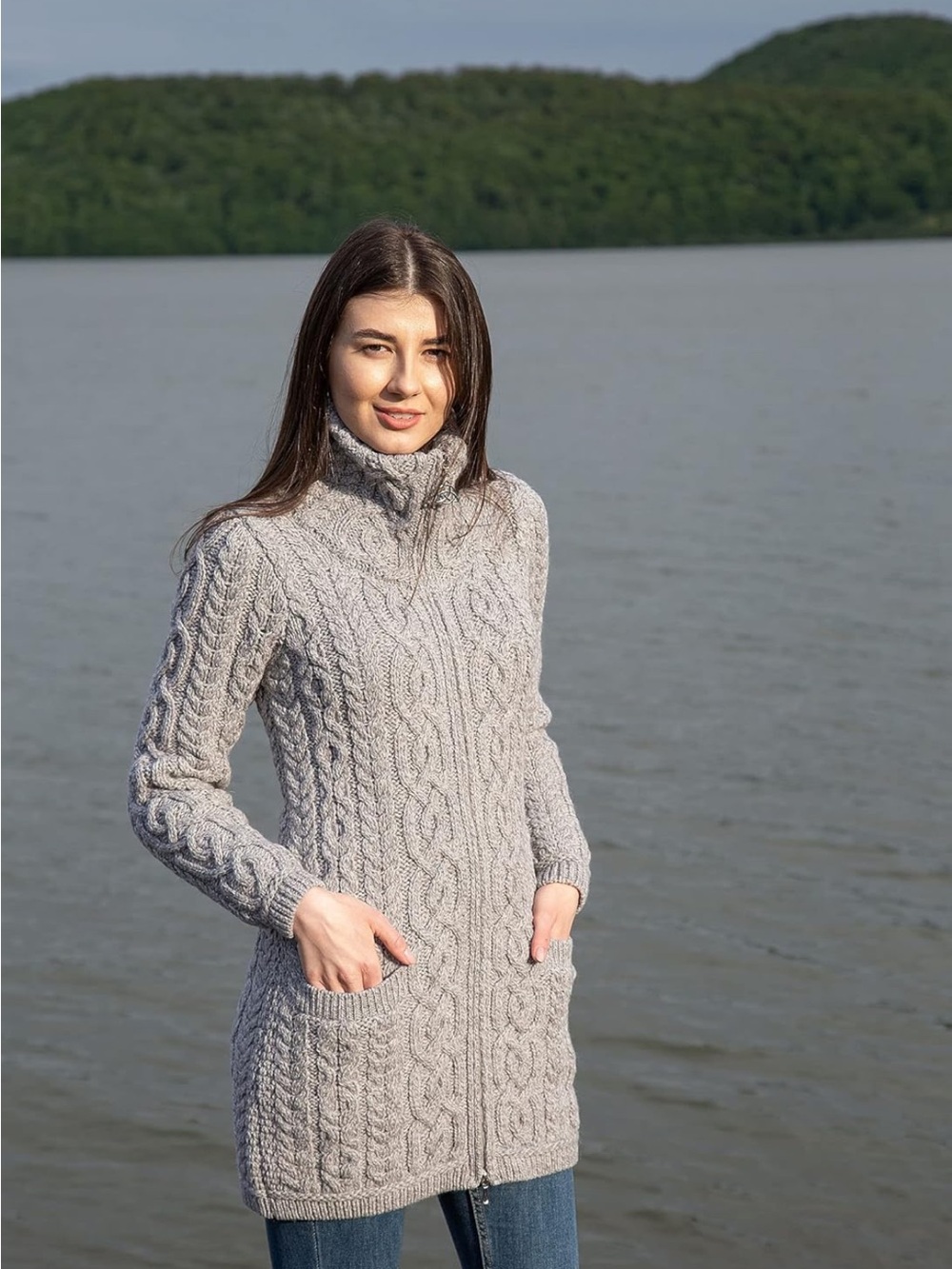New With Tags - Women's Gray Saol Irish Wool Cable Knit Zip Sweater with Pockets